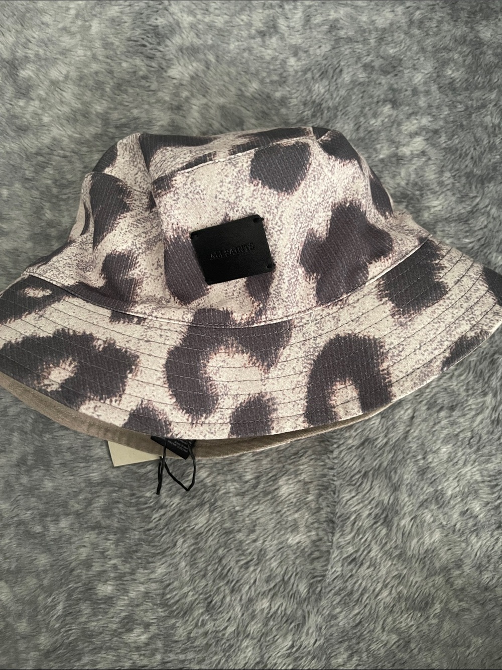 AllSaints Leopard Print Bucket Hat in Taupe and Charcoal